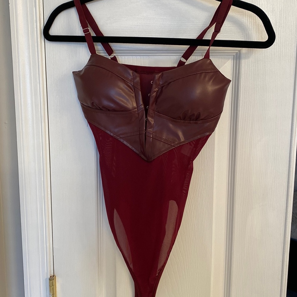 Pleather in mesh burgundy bodysuit